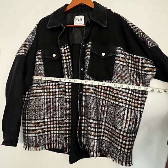 Zara Black Orange Tweed Washed Denim Fall Over-shirt Jean Jacket - Picture 8 of 11